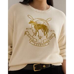 LAUREN BY RALPH LAUREN Embroidered Equestrian Cotton Crewneck Sweater Size PXS